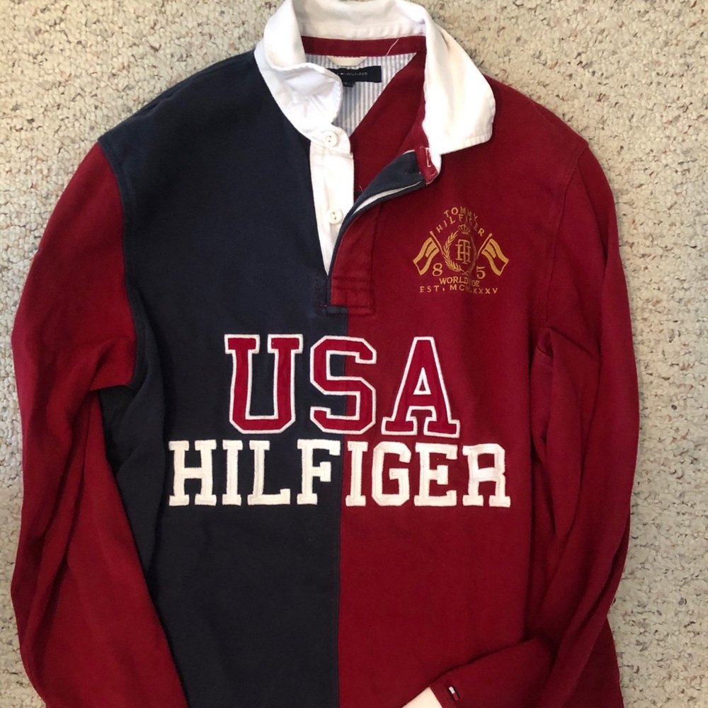 Tommy Hilfiger red, white and blue rugby shirt